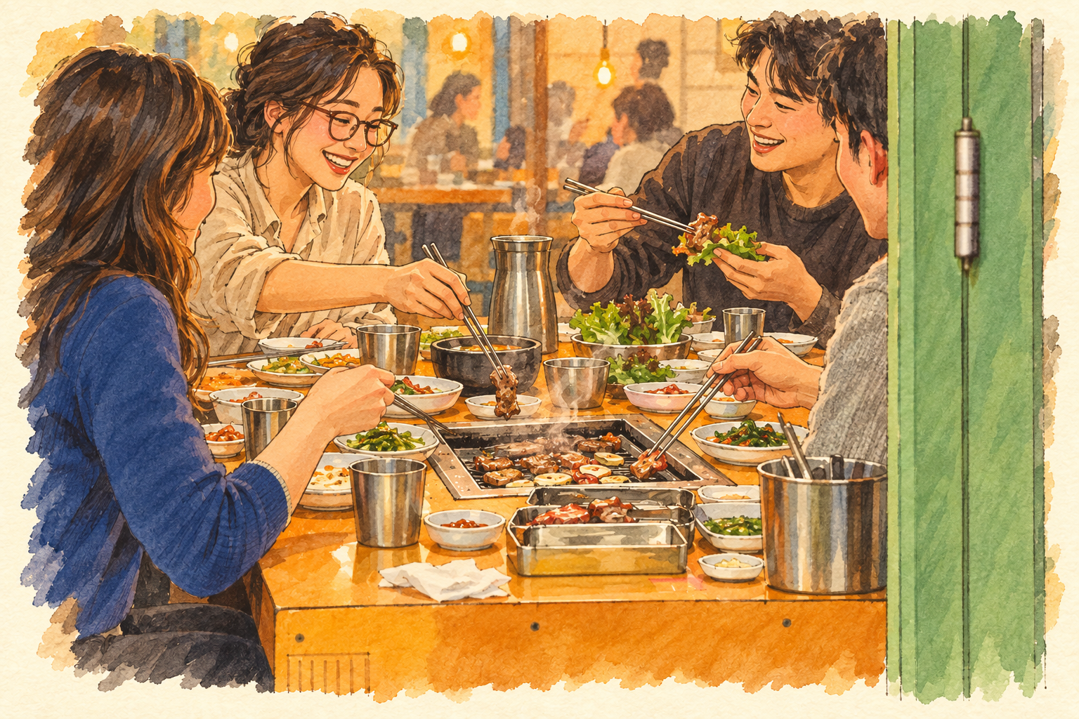 Illustration of friends sharing a Korean BBQ dinner