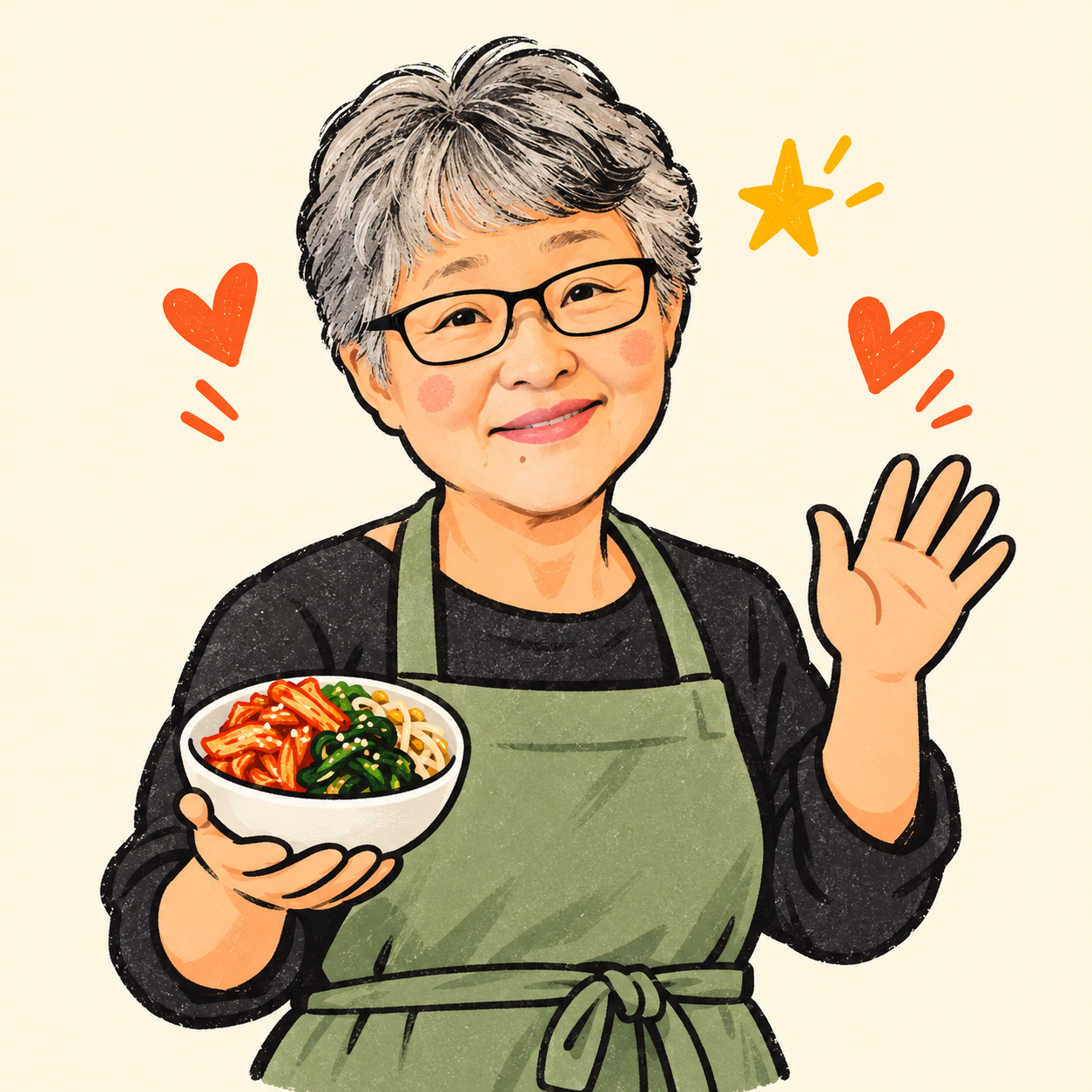 Mrs Kim drawn as a welcoming character with a bowl of banchan
