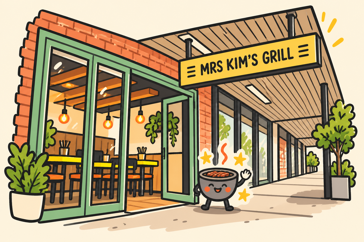 Hand-drawn green storefront and yellow Mrs Kim's Grill sign
