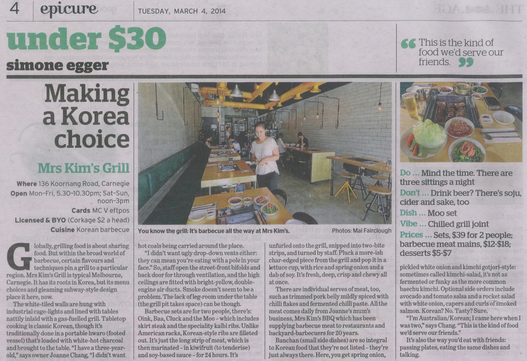 Mrs Kim's Grill featured in Epicure newspaper on 4 March 2014